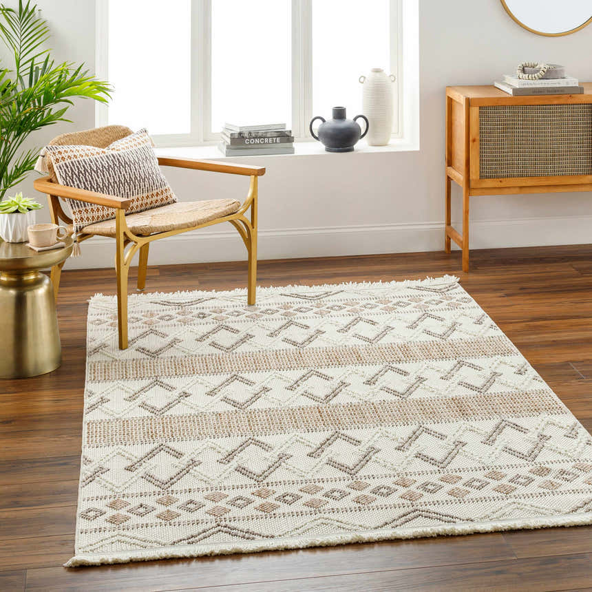 Living room scene with beige Faruq Area Rug, woven chair, wood cabinet, and natural light. Farmhouse style. Roomscene-Rectangle