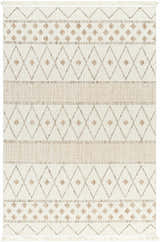 Close-up of the Finch Area Rug. Beige rug with diamond and stripe pattern in brown, nutmeg, and cream. Farmhouse style. Design-Rectangle-537