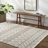 Entryway with a beige Finch Area Rug, wood bench, mirror, and potted plant creating a Scandinavian style. Roomscene-Rectangle