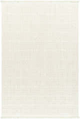 Close-up of the Hamal Area Rug. Cream and light tan geometric diamond pattern with fringe. Farmhouse style. Design-Rectangle-537
