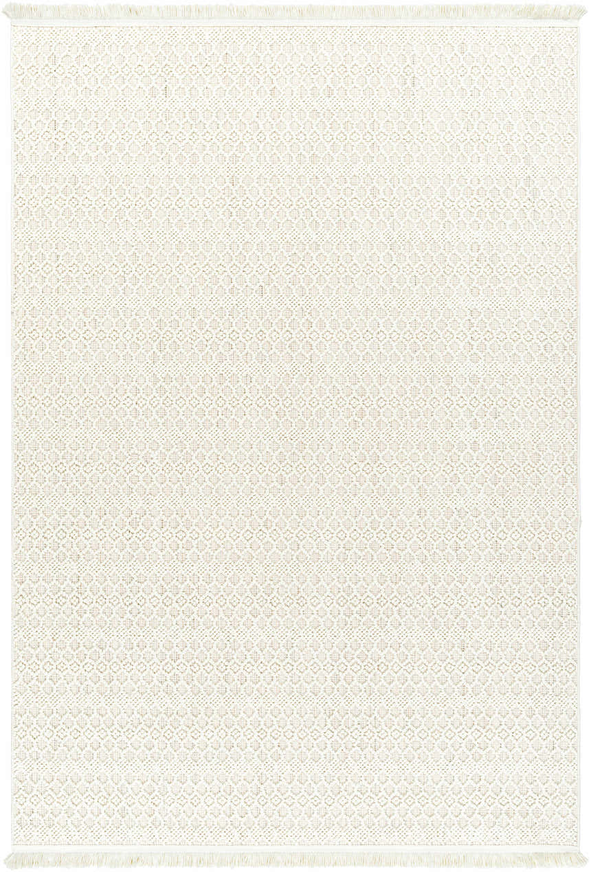 Close-up of the Hamal Area Rug. Cream and light tan geometric diamond pattern with fringe. Farmhouse style. Design-Rectangle-537