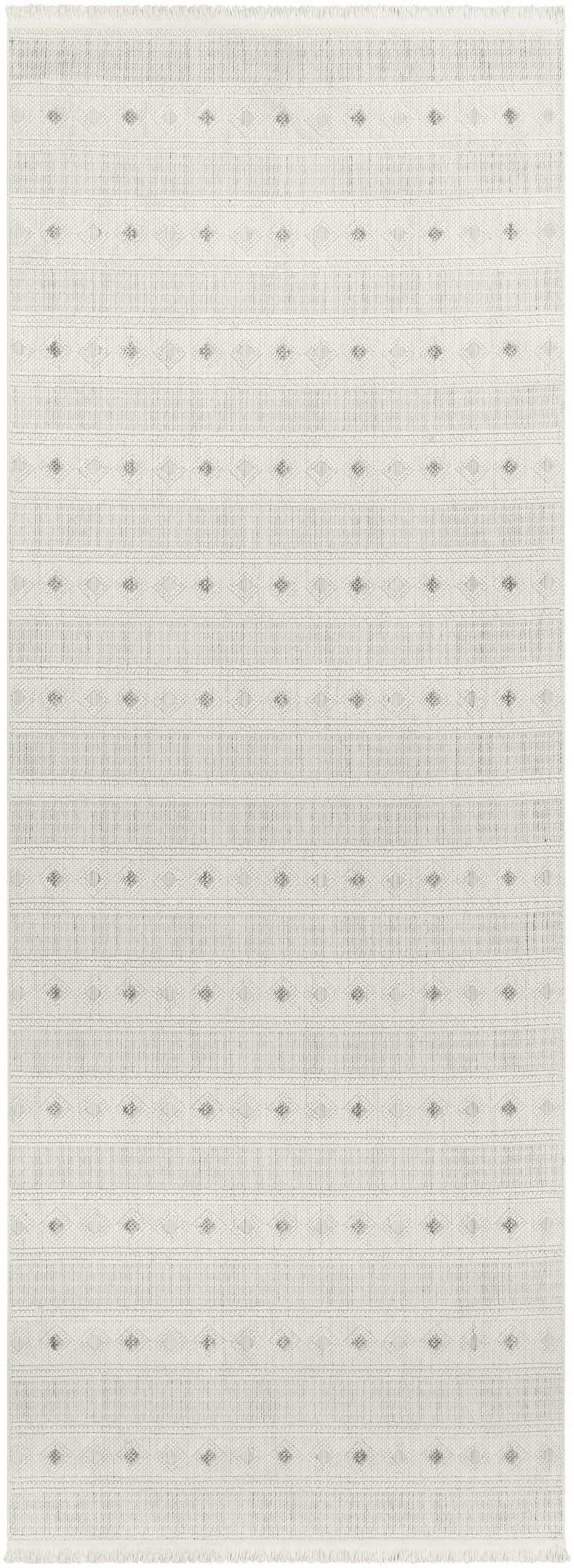Close-up of the Hideo Area Rug. Beige rug with gray geometric diamond and stripe pattern. Farmhouse style. Design-Runner-268