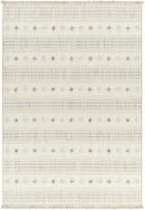 Close-up of Hideo Area Rug. Beige rug with gray and brown horizontal stripes and diamond pattern. Farmhouse style. Design-Rectangle-537