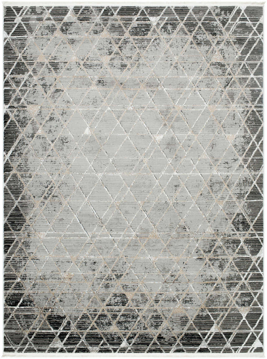 Close-up of the Luol Gray Area Rug featuring a contemporary diamond pattern in charcoal, gray, and natural tones. Design-Rectangle-537