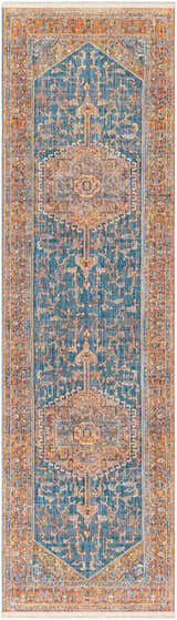 Close up of the Solana Blue Medallion Area Carpet, showcasing its brick red, burnt orange, and blue bohemian design. Design-Runner-279