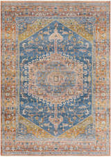 Close-up of the Solana Blue Medallion Area Carpet. Features a traditional, bohemian design with brick red, blue, and orange tones. Design-Rectangle-58