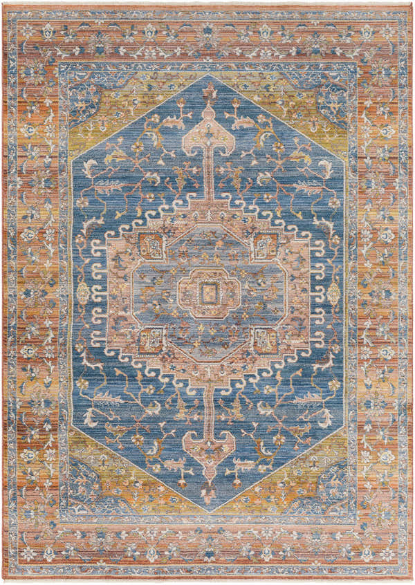 Close-up of the Solana Blue Medallion Area Carpet. Features a traditional, bohemian design with brick red, blue, and orange tones. Design-Rectangle-58