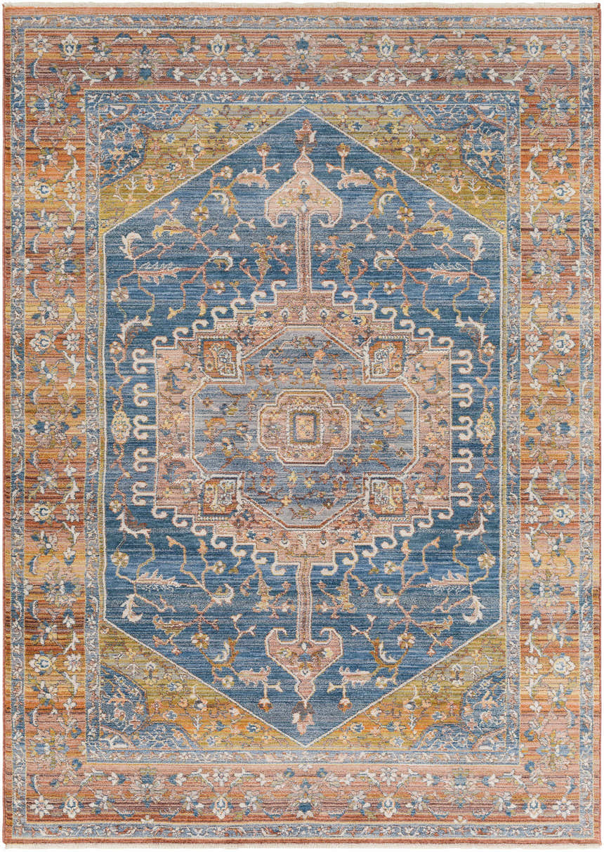 Close-up of the Solana Blue Medallion Area Carpet. Features a traditional, bohemian design with brick red, blue, and orange tones. Design-Rectangle-58
