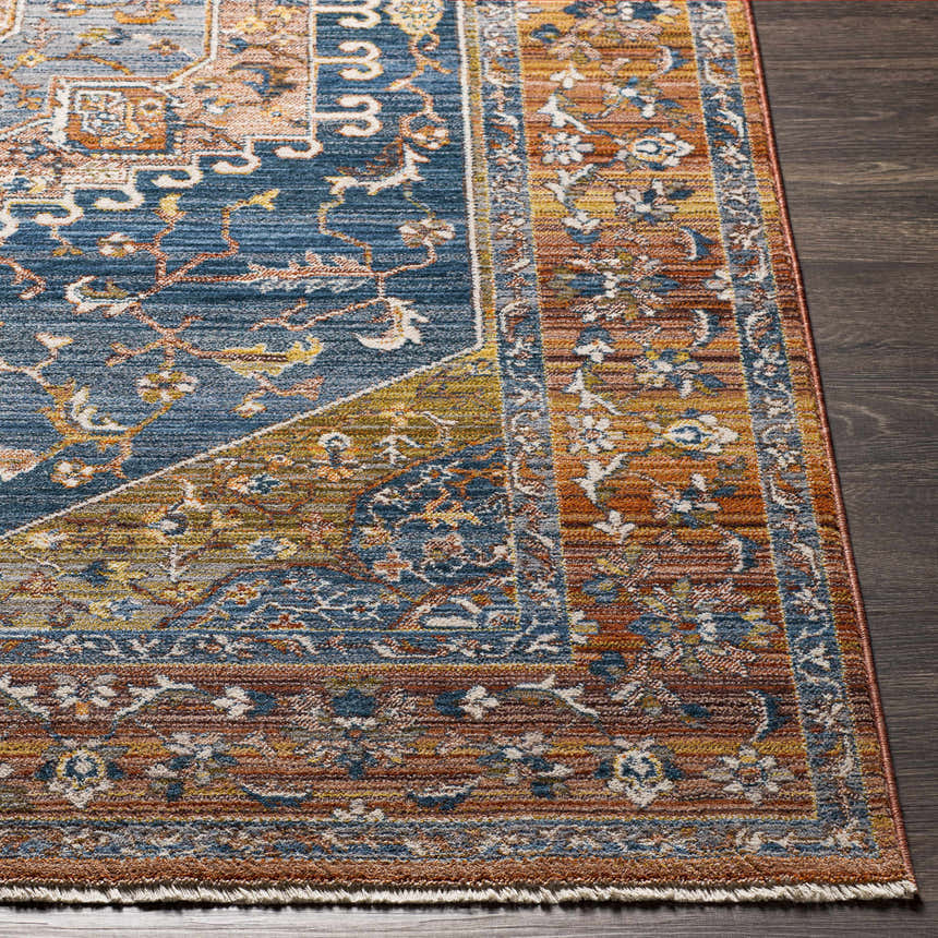Close-up of the Solana Blue Medallion Area Carpet showing the bohemian pattern, blue, orange, and brown colors. Front