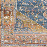 Close-up of Solana Blue Medallion Area Carpet featuring a traditional floral design in blue, orange, and brown tones. Swatch