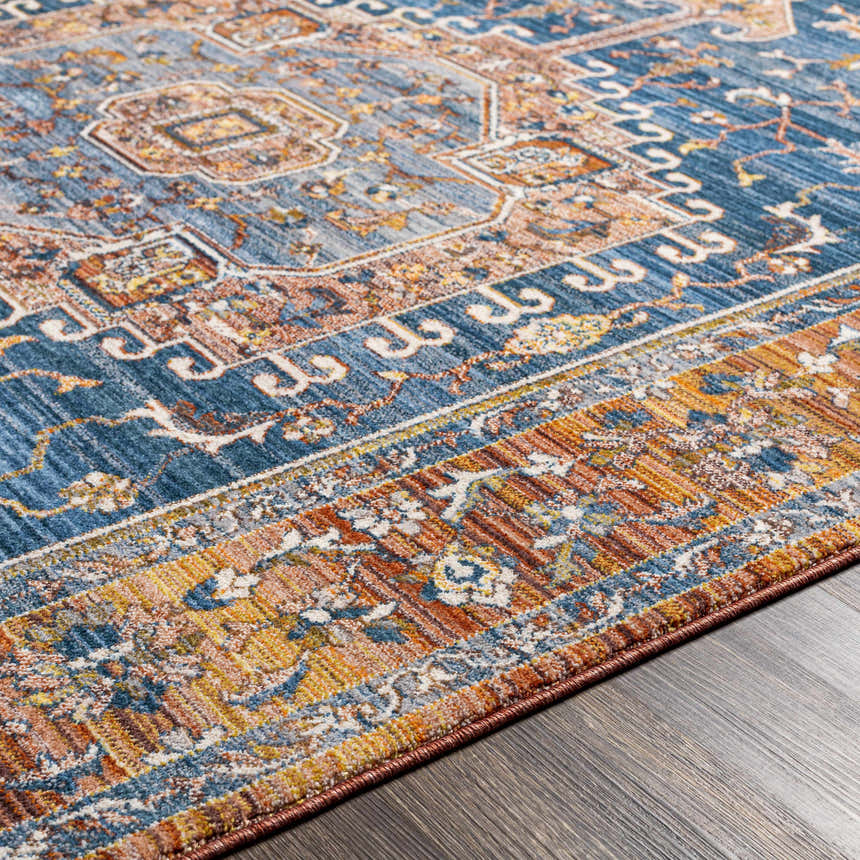 Close-up of the Solana Blue Medallion Area Carpet showing its bohemian pattern, blue, orange, and brown colors. Texture