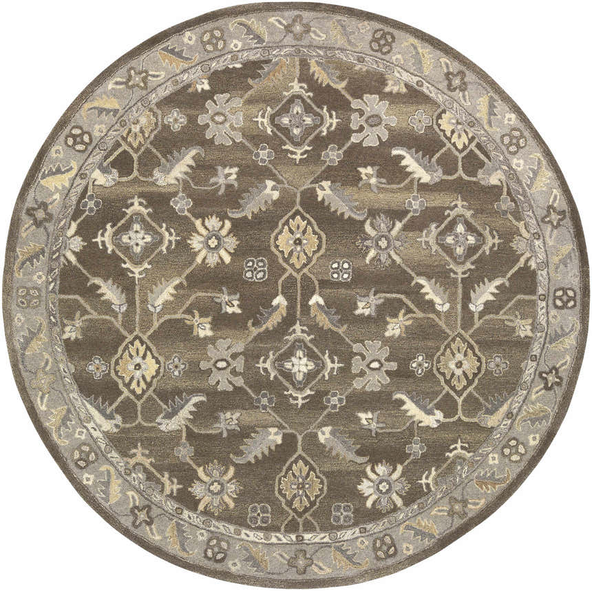 Detailed round Solen Area Rug in brown wool with beige and gray floral and geometric pattern. Design-Round-8