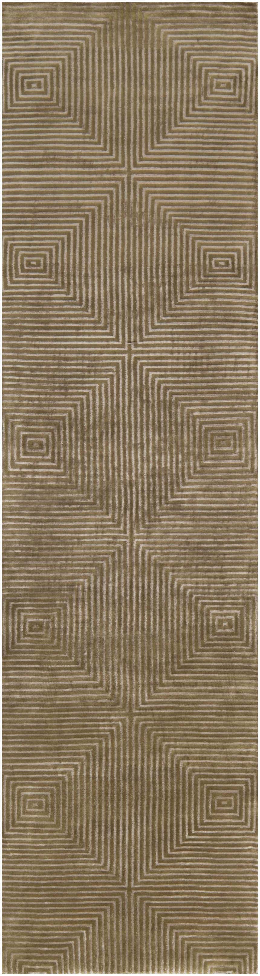 Close-up of the Solomons Area Carpet, featuring a contemporary geometric square pattern in olive green and beige. Design-Runner-2610