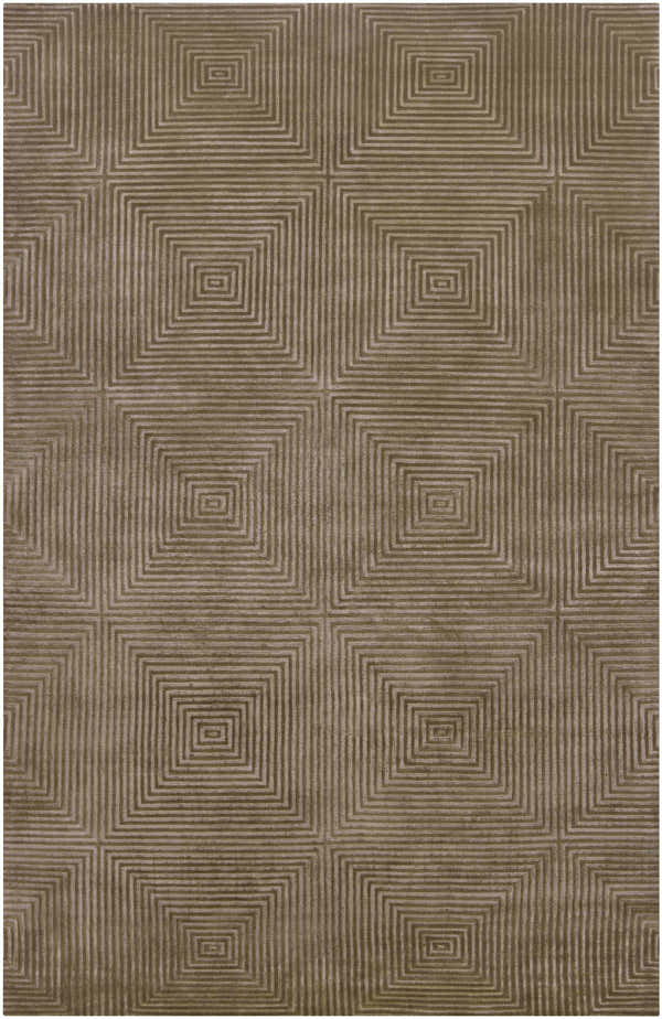 Close-up of the Solomons Area Carpet. Contemporary style with a geometric square pattern in neutral brown tones. Hand-knotted texture. Design-Rectangle-58