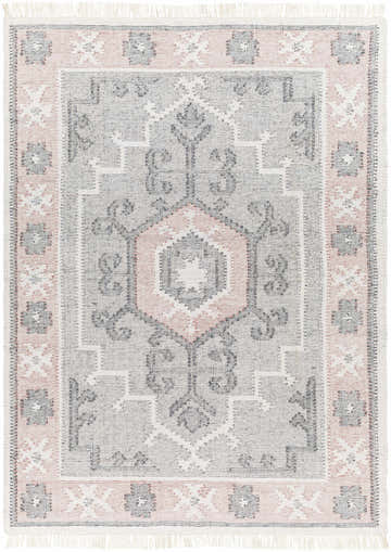 Hand woven Sosa Area Rug in charcoal, cream, dusty pink, and light gray with a farmhouse-style geometric pattern and fringe. Design-Rectangle-576