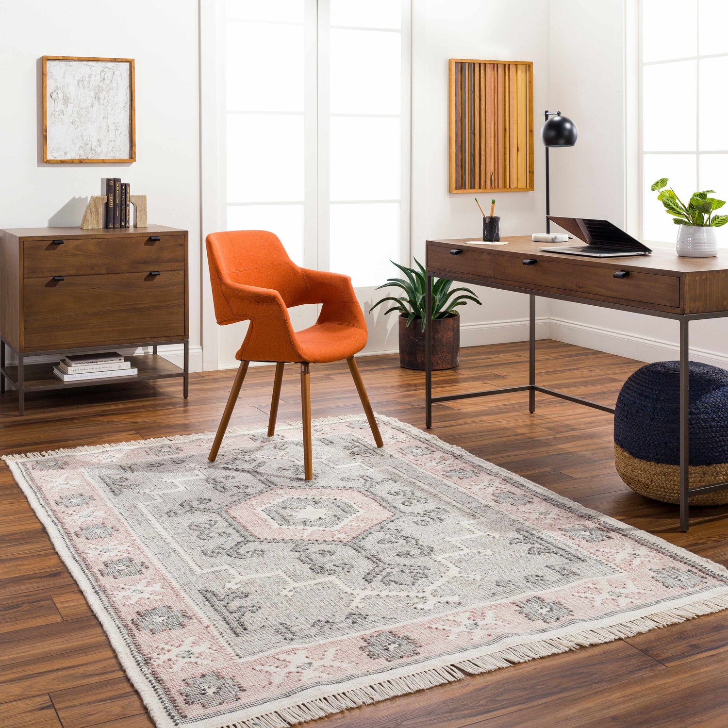 Home office with Sosa Area Rug in charcoal, cream, and pink. Traditional rug under orange chair on wood floor. Roomscene-Rectangle