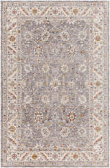 Detailed view of the Sosi Area Carpet in dark beige, garnet, and gray. Traditional floral pattern with a farmhouse style. Design-Rectangle-58