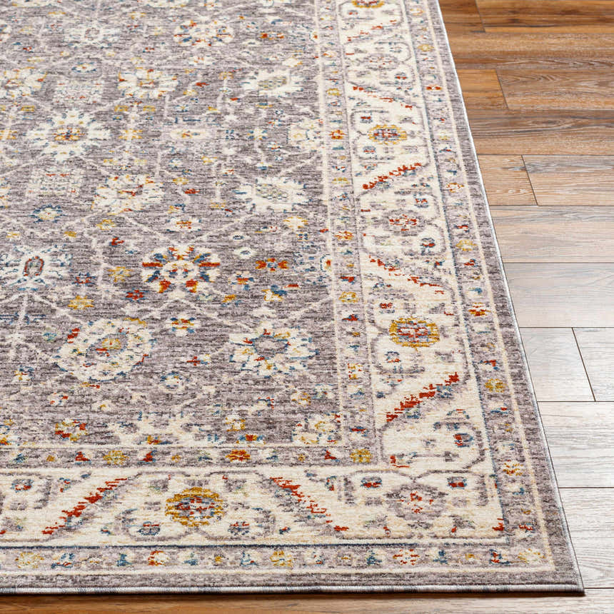 Close-up of the Sosi Area Carpet. Features a traditional floral pattern in dark beige, garnet, gray, and taupe. Front