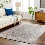 Living room scene with a gray Sosi Area Carpet, cream sofa, wood dresser, and dark wood floors. Roomscene-Rectangle