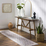 Entryway with a dark wood console table and a gray, garnet, and beige Sosi Area Carpet runner. Roomscene-Runner