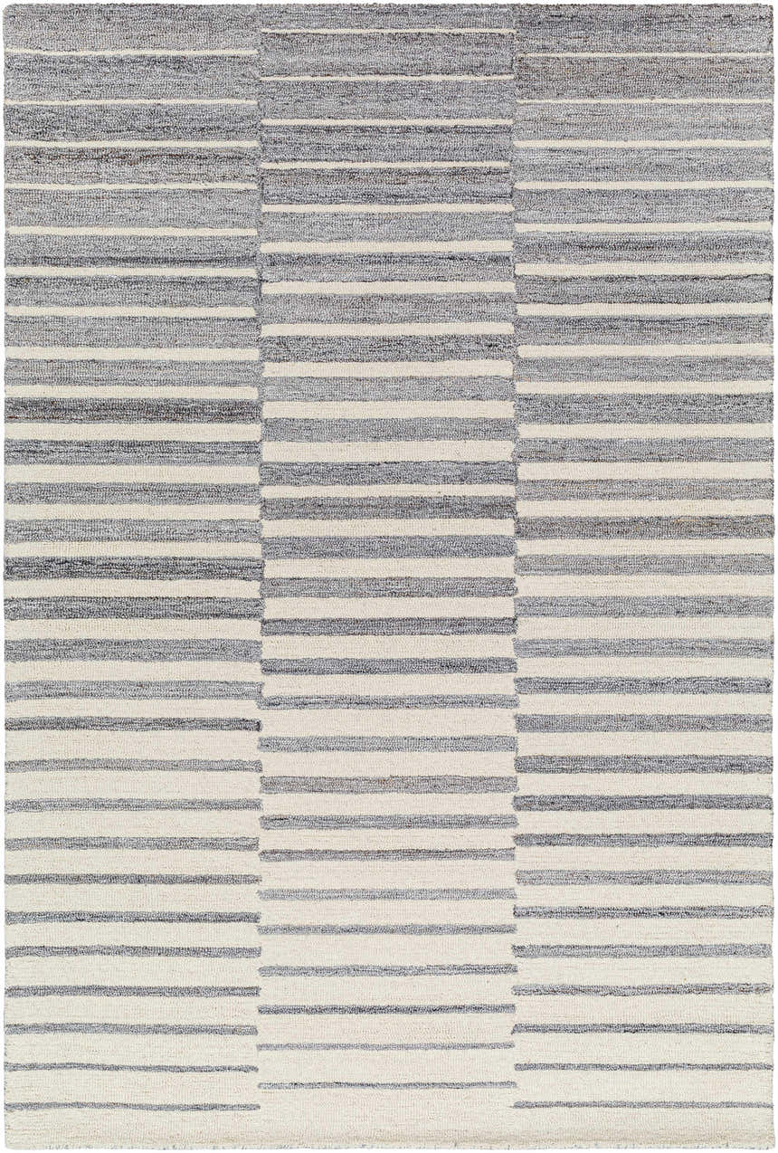 Close-up of the Gawel Gray Area Rug, featuring a contemporary striped pattern in charcoal, light gray, and cream. Hand-tufted wool texture. Design-Rectangle-576
