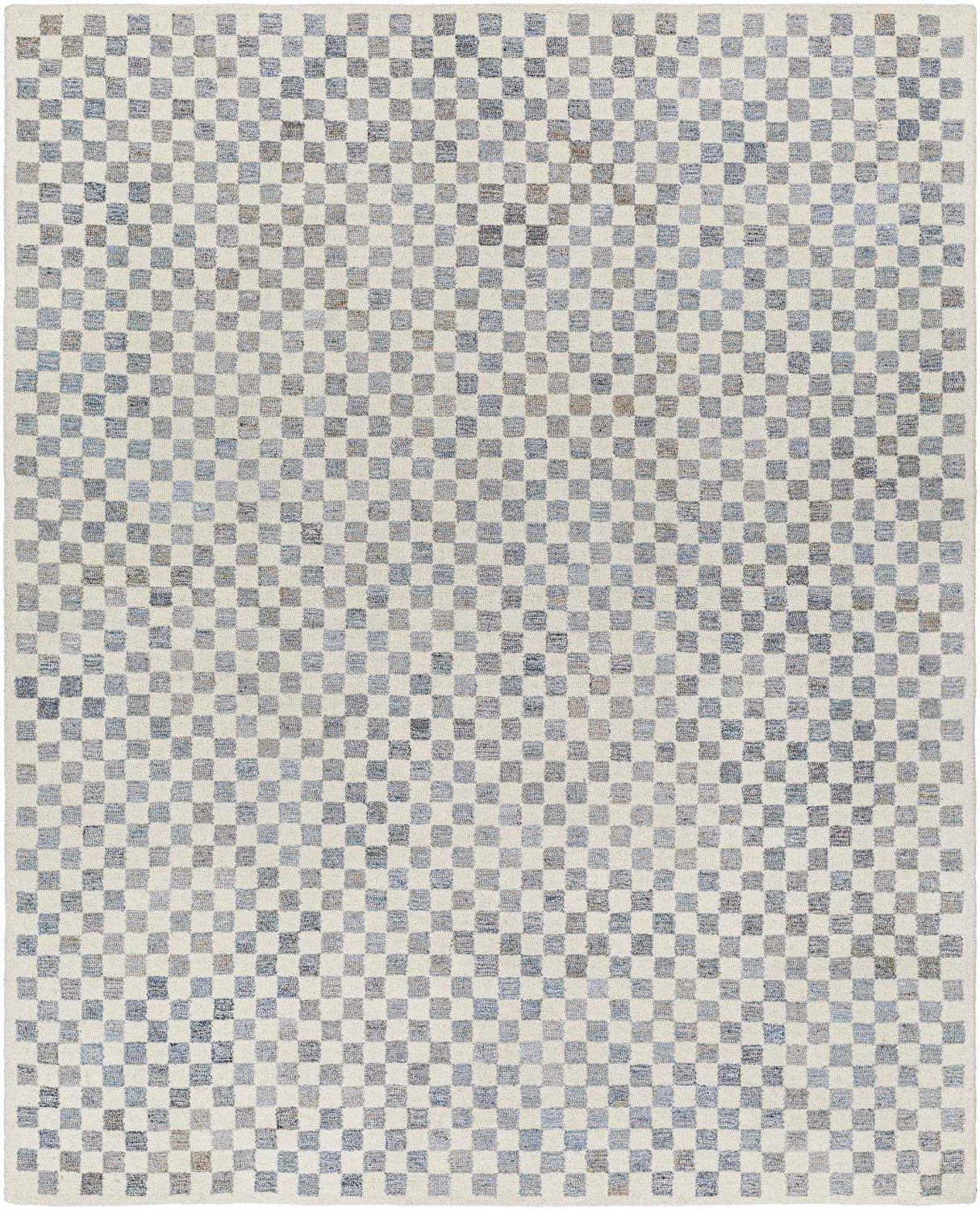 Close-up of the Halen Gray Checkered Area Rug, featuring a geometric checkerboard pattern in gray, brown, and natural hues. Design-Rectangle-810