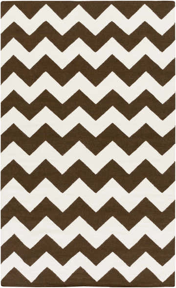 Close-up of the Soudan Area Rug, a hand-woven wool rug with a dark brown and ivory chevron pattern. Design-Rectangle-58