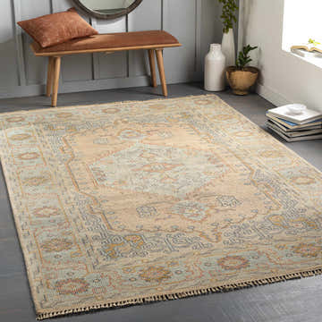 Entryway with beige Soyung Premium Rug, wood bench, and gray paneled walls. Bohemian style. Roomscene-Rectangle