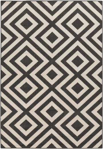 Close-up of the Spilsby Geometric Outdoor Rug. Black and light beige diamond pattern. Design-Rectangle-537