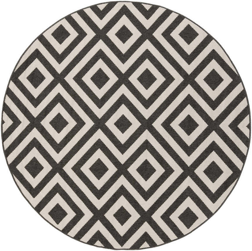 Close-up of round Spilsby Geometric Outdoor Rug. Black and light beige diamond pattern. Contemporary style. Design-Round