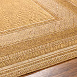 Close-up of the beige Chael Flatweave Faux Jute Rug showing texture, border detail, and polypropylene material. Texture