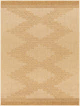 Close-up of the Colum Flatweave Faux Jute Rug. Tan rug with a geometric pattern in dark and medium brown tones. Design-Rectangle-537