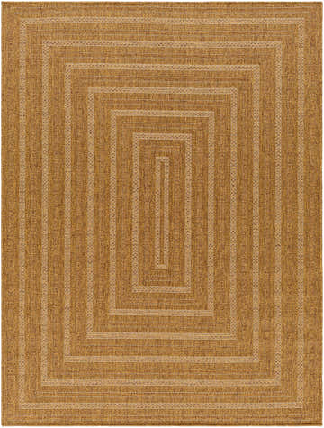 Close-up of the Dyami Flatweave Faux Jute Rug in camel and light brown with a contemporary concentric square design. Design-Rectangle-537