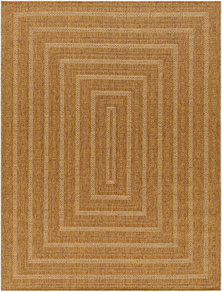 Close-up of the Dyami Flatweave Faux Jute Rug in camel and light brown with a contemporary concentric square design. Design-Rectangle-537