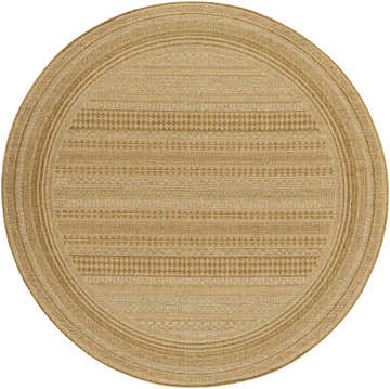 Close-up of round Freja Flatweave Faux Jute Rug. Beige and brown rug with subtle geometric pattern and woven texture. Design-Round