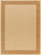 Close-up of the Inigo Flatweave Faux Jute Rug. Neutral tan and brown tones with a textured border and flatweave center. Design-Rectangle-537