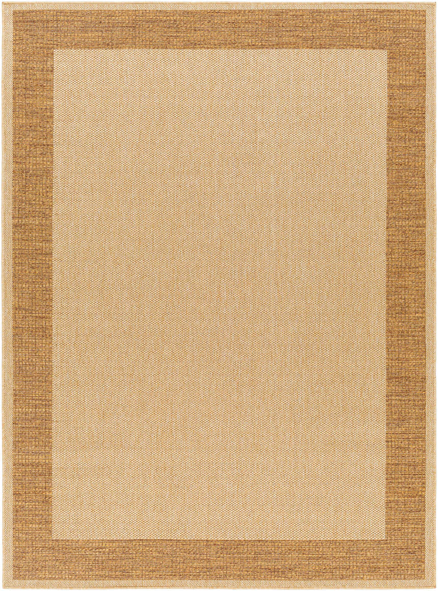 Close-up of the Inigo Flatweave Faux Jute Rug. Neutral tan and brown tones with a textured border and flatweave center. Design-Rectangle-537