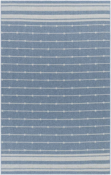 Close-up of Palma Slate Area Rug. Slate blue rug with thin white stripes and dotted accents. Machine woven texture. Design-Rectangle-537