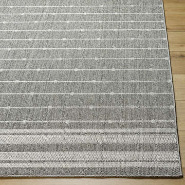 Close-up of Palma Tan Area Rug showing tan and white horizontal stripes and textured, machine woven construction. Front