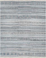 Close-up of the Blue Adda Area Rug. Hand-knotted rug with Scandinavian and Southwestern-inspired blue, gray, and off-white stripes. Design-Rectangle-810