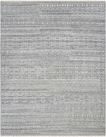 Close-up of Gray Kazi Area Rug. Hand-knotted, geometric design in beige, black, charcoal, teal, and white recycled PET yarn. Design-Rectangle-810