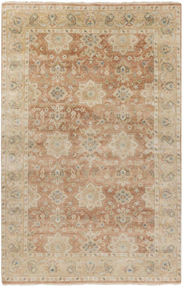 Hand knotted Springerville Area Carpet with a traditional floral pattern in terracotta, beige, and blue. Design-Rectangle-5686