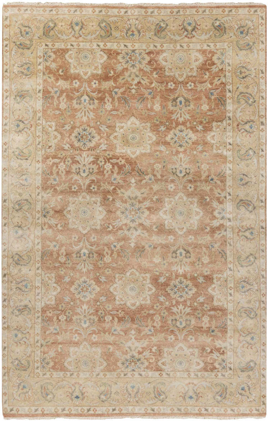 Hand knotted Springerville Area Carpet with a traditional floral pattern in terracotta, beige, and blue. Design-Rectangle-5686