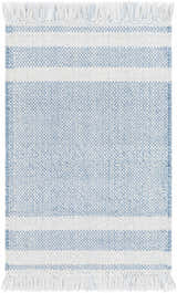Close-up of the Loic Silver Blue Area Rug, featuring a striped pattern and white fringe. Hand-woven texture. Design-Rectangle-23