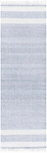 Close-up of the Loic Silver Blue Area Rug, featuring a woven texture and simple white stripes. Design-Runner-268