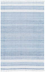 Close-up of the Loic Silver Blue Area Rug. Hand-woven rug with light blue stripes and fringed edges. Design-Rectangle-576