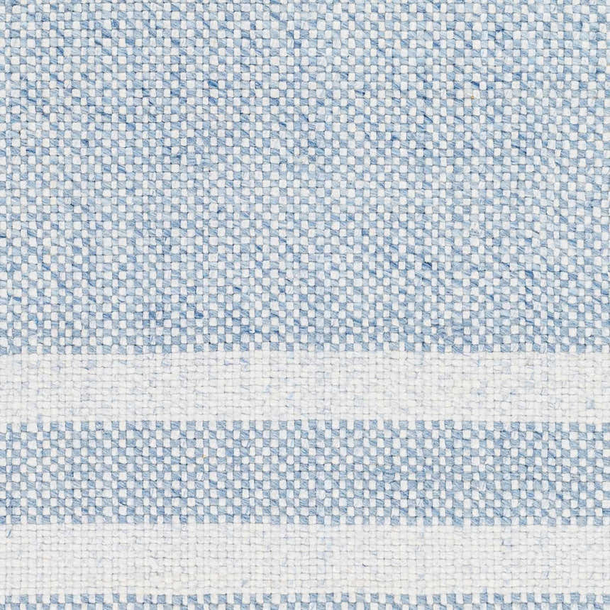 Close-up of the Loic Silver Blue Area Rug. Hand-woven texture with light blue and white stripes. Farmhouse style. Swatch