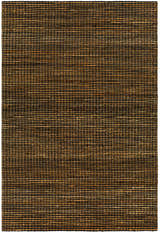 Close-up of the Riki Black Area Rug, a hand woven jute rug with a contemporary black and tan striped pattern. Design-Rectangle-576
