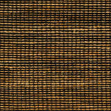 Close-up of the Riki Black Area Rug showing jute texture and hand-woven construction. Black and tan rug. Swatch