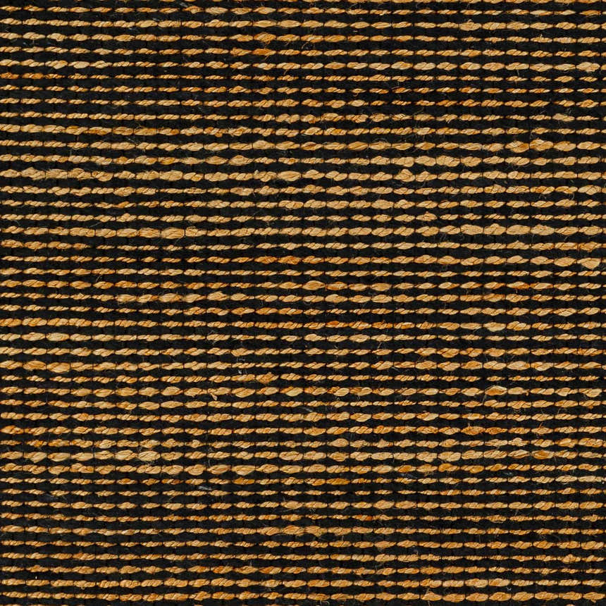 Close-up of the Riki Black Area Rug showing jute texture and hand-woven construction. Black and tan rug. Swatch